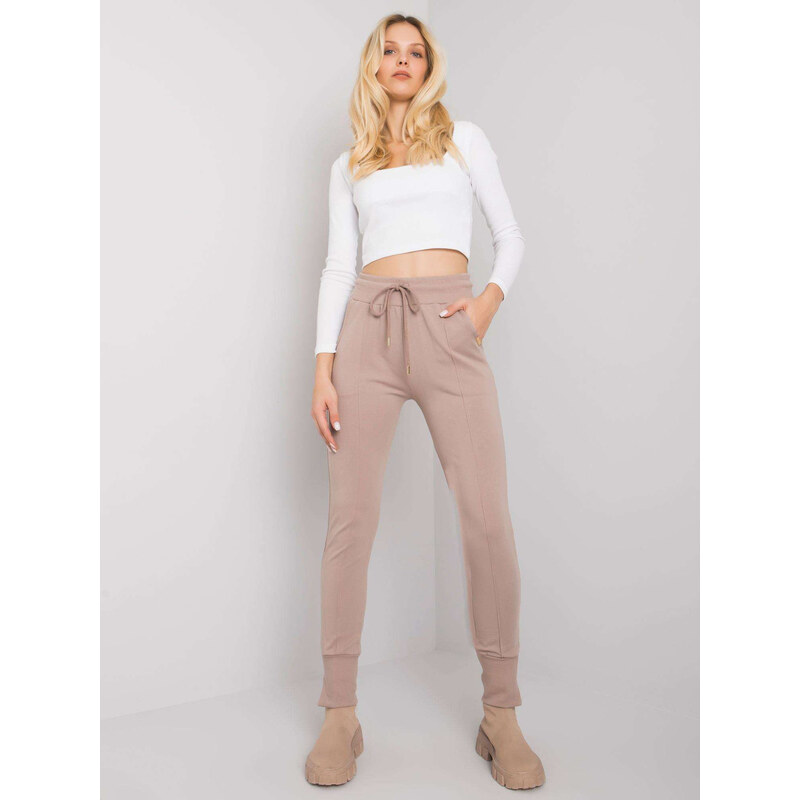 RUE PARIS Béžové dámské tepláky s vysokým pasem -beige Béžová 66282471