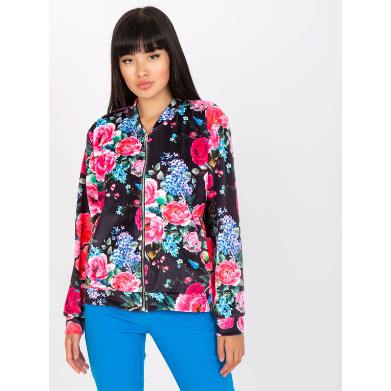 RUE PARIS Černá bomber mikina s květinovým vzorem -black-pink