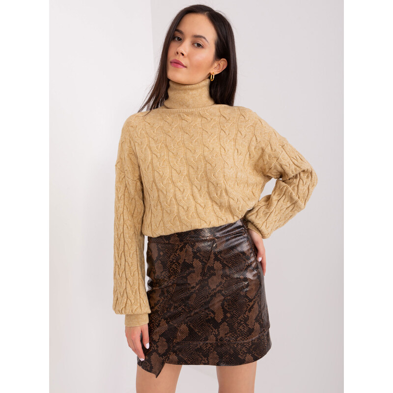 ITALY MODA Béžový copánkový svetr s rolákem -camel Béžová 87076103