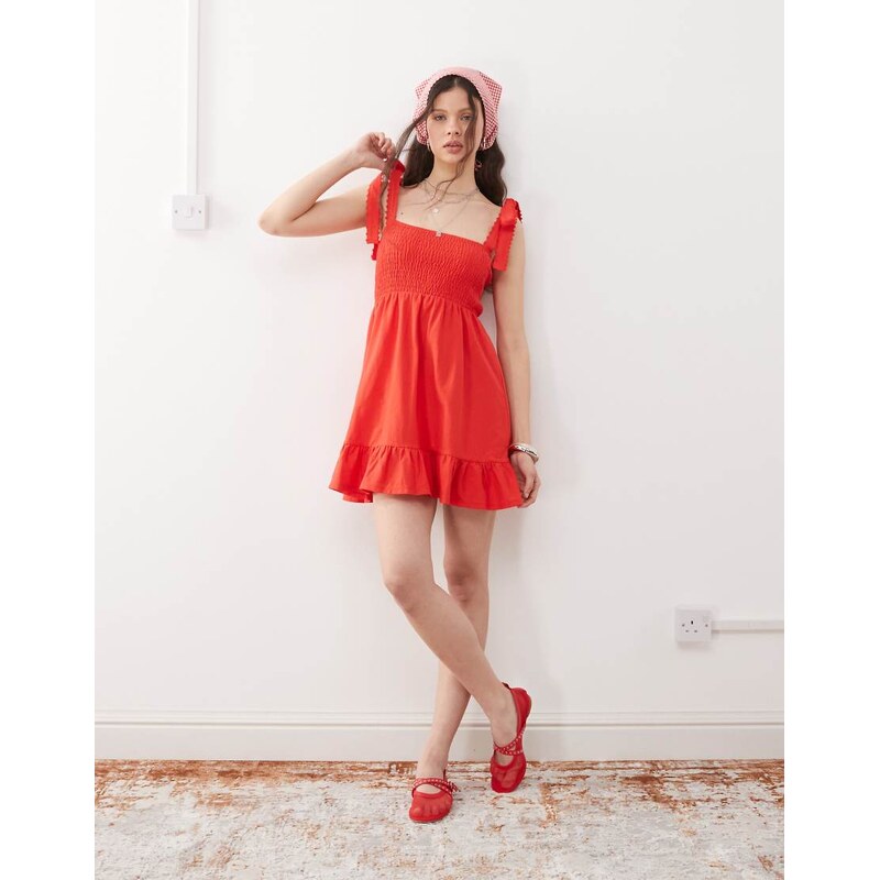 Miss Selfridge shirred detail tie shoulder mini dress in red