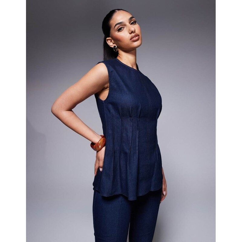 River Island pintuck denim top in darkwash blue-Navy