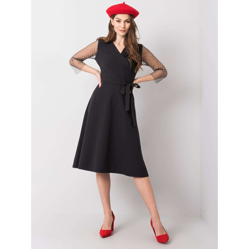 BASIC Černé elegantní šaty s puntíky na rukávech --black Černá 60377273