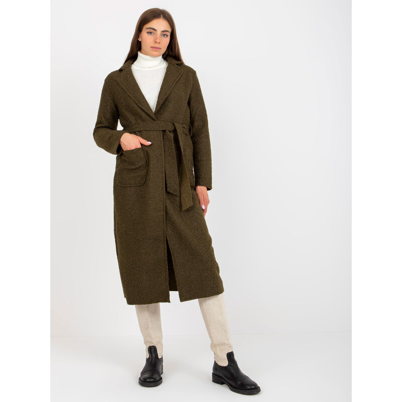 BASIC Delší khaki kabát Merve s teddy efektem -khaki 85877191
