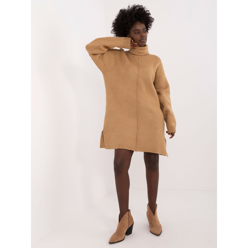 BASIC Světle hnědé volné rolákové šaty -camel Hnědá