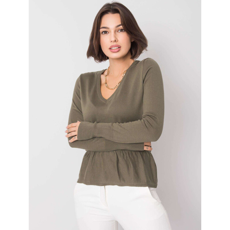 RUE PARIS Dámská khaki blůza s volánem -khaki 85869857