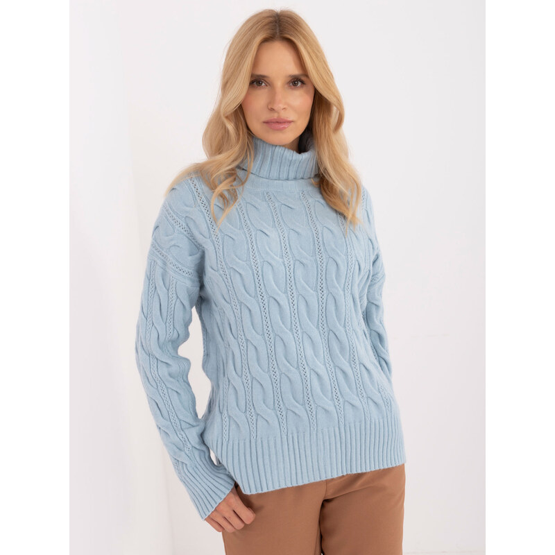 ITALY MODA Světle modrý copánkový svetr s rolákem -light blue Světle 100037087