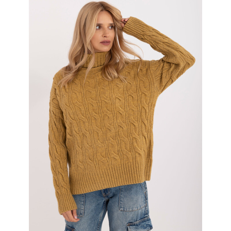 ITALY MODA Olivový copánkový svetr s rolákem -olive Khaki 100037088
