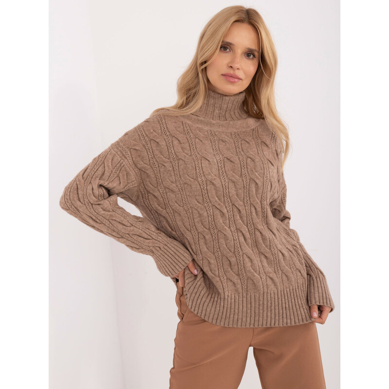 ITALY MODA Tmavě béžový copánkový svetr s rolákem -dark beige Béžová 100037090