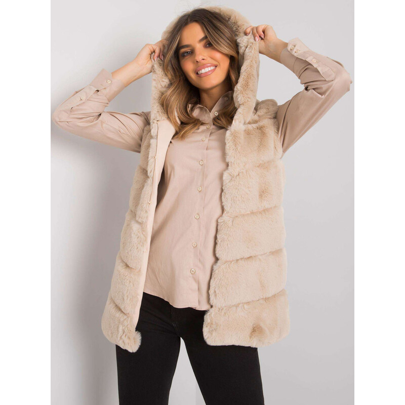 BASIC Béžová kožešinová vesta s kapucí -TW-KZ-2116.48P-beige