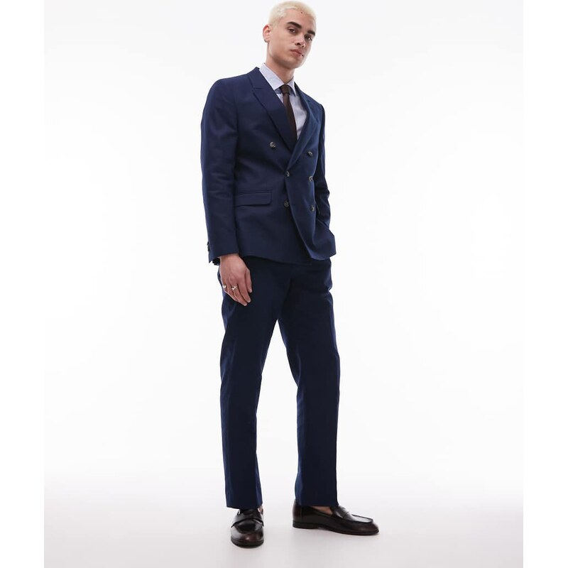 Topman straight linen blend suit trousers in navy