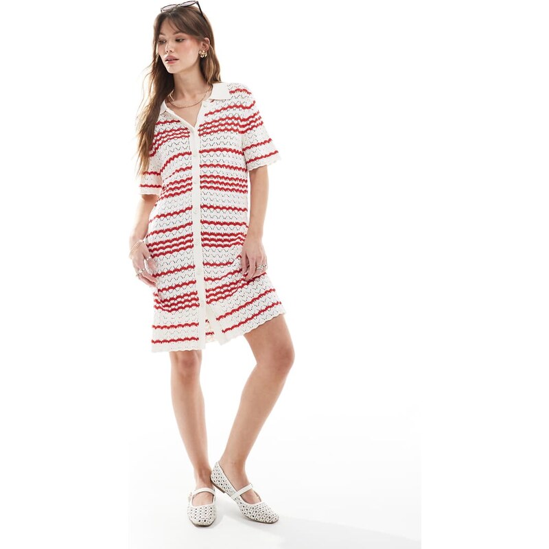 Miss Selfridge crochet contrast polo button through knit dress in red 105554525