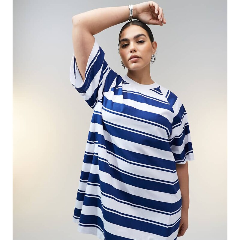 ASOS Curve ASOS DESIGN Curve T shirt swing mini dress in blue stripe 105547613