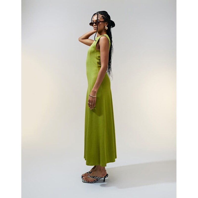 ASOS Design cotton sleeveless midi sundress in khaki-Multi
