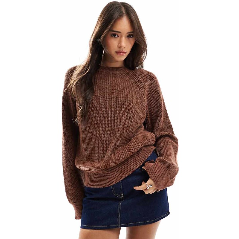ASOS DESIGN laundered raglan crew neck knitted jumper in brown 105325386