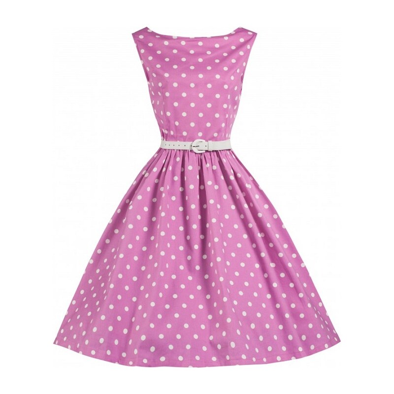 LindyBop šaty Sandy, růžové s bílým puntíkem