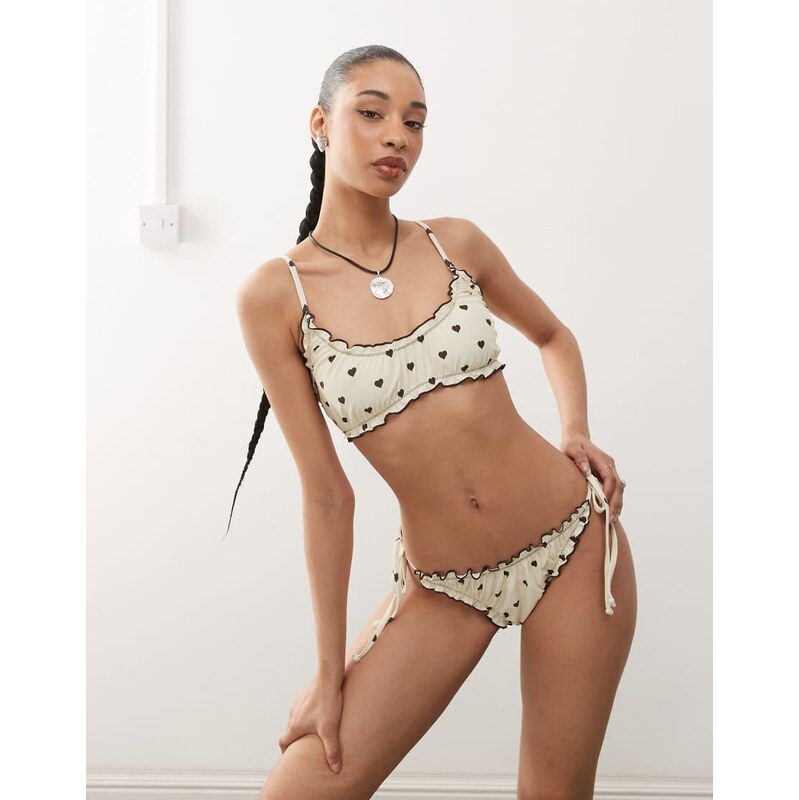 Reclaimed Vintage tie side bikini bottom with frills in chocolate 105298007