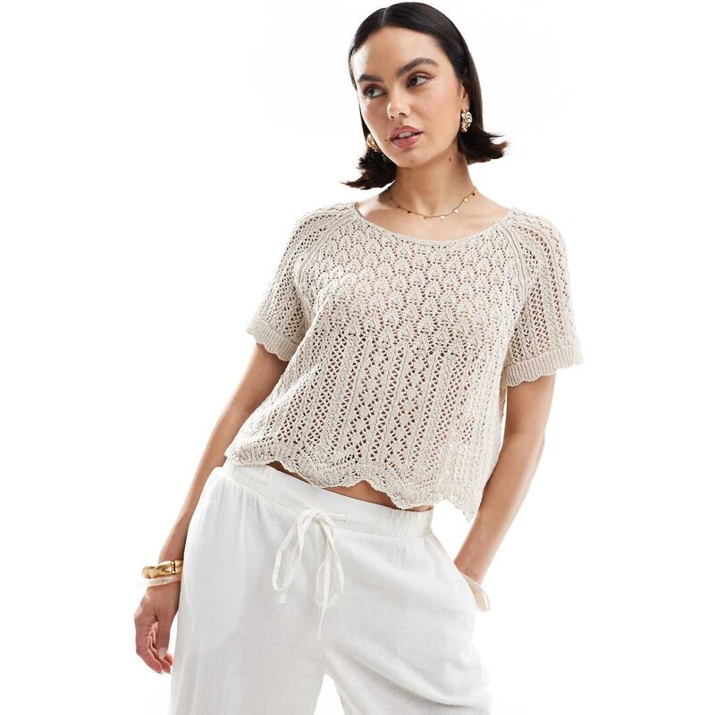 ONLY crochet short sleeve top in beige-Neutral