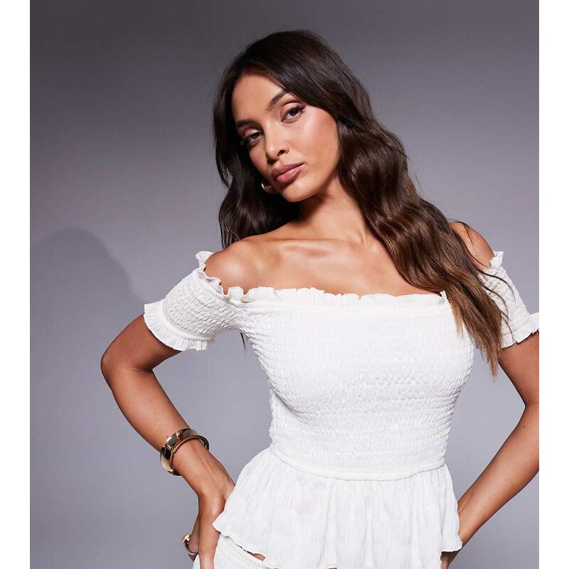 Kaiia exclusive shirred textured peplum bardot top co-ord in cream 115510222