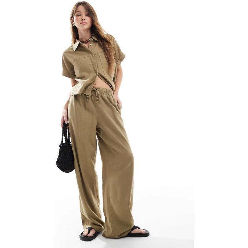 ONLY linen mix pull on trousers co-ord in light khaki-Brown