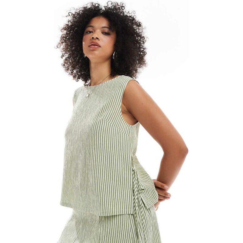 ASOS DESIGN textured tie side shell top in khaki stripe co-ord-Green 105350957