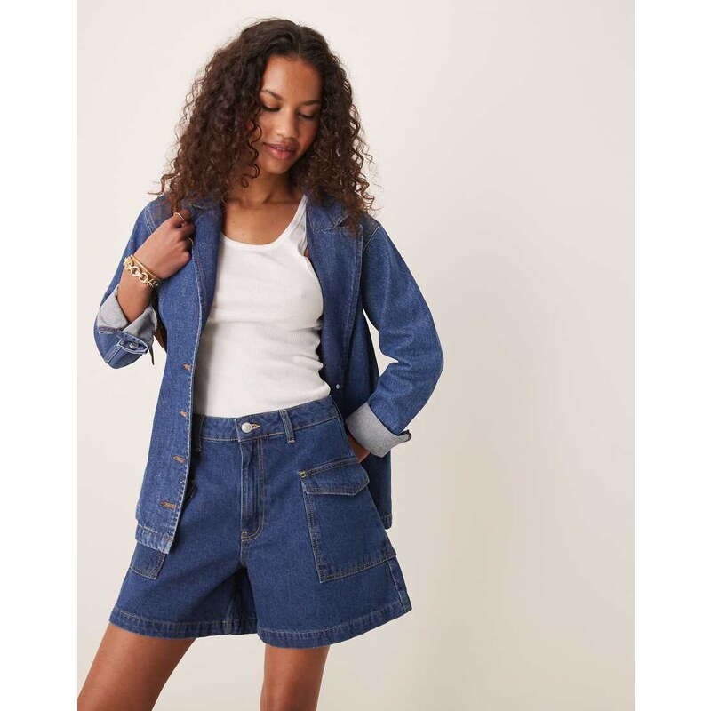 ASOS DESIGN denim dad shorts with pocket detail in mid blue 105306002