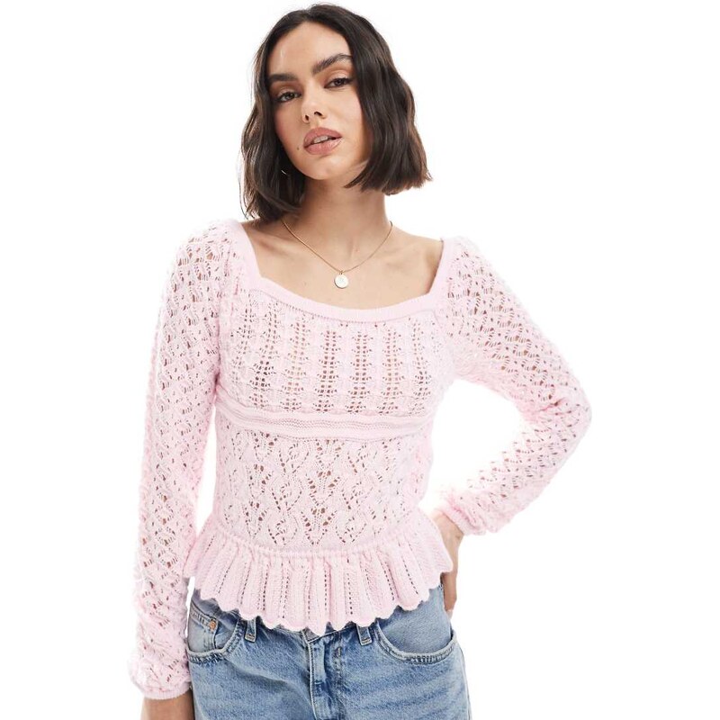 Miss Selfridge crochet long sleeve peplum knit top in soft pink-Yellow 105306009