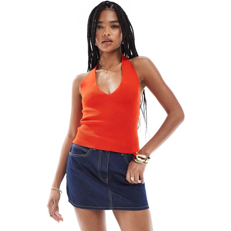 Pimkie fine knit v neck halterneck top in red 105309130