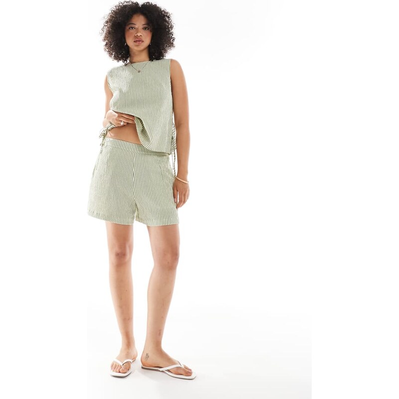 ASOS DESIGN textured pull on flippy shorts co-ord in khaki stripe 105306067