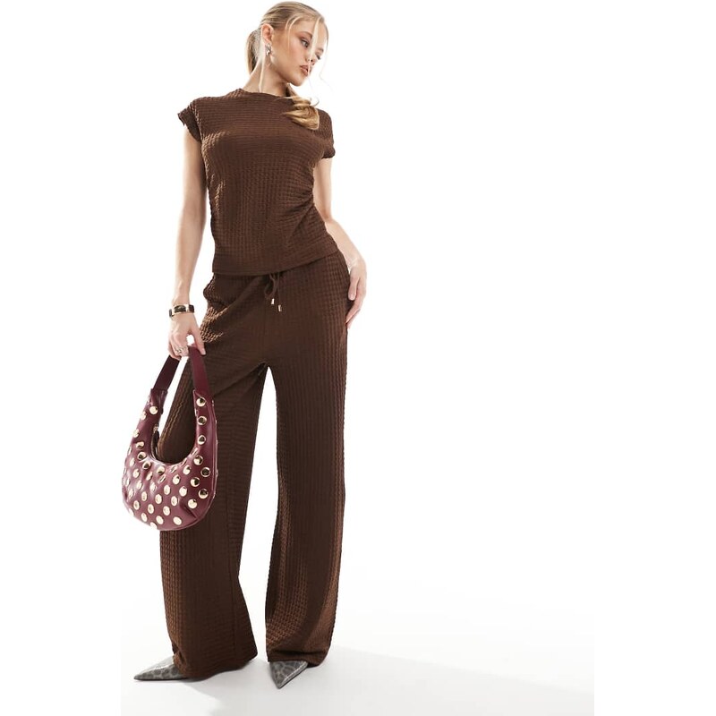 Threadbare Co-ord drawstring textured wide leg trousers in brown