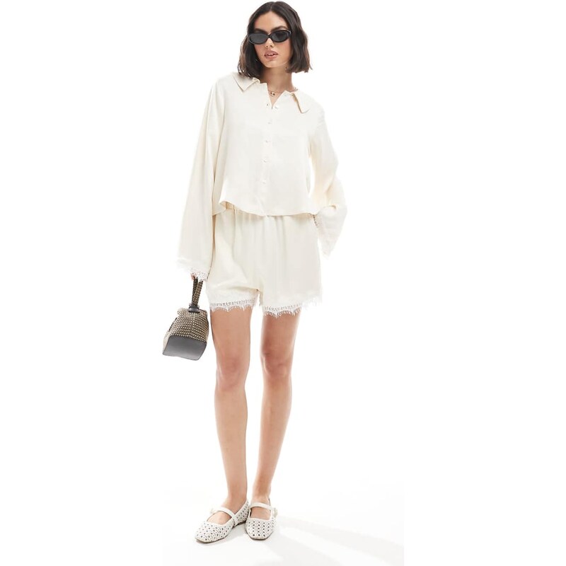 Miss Selfridge satin and lace short co-ord in ecru-Neutral 105325367
