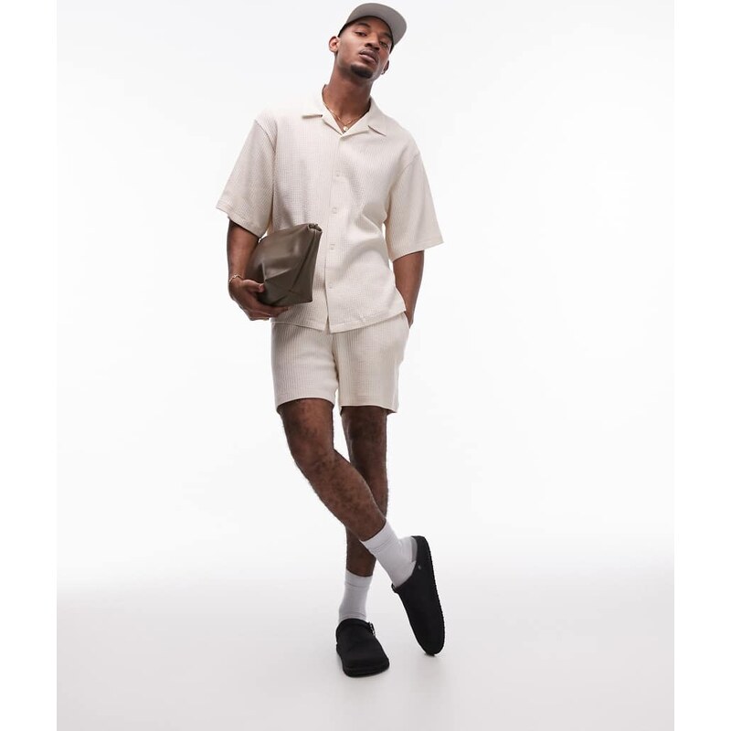 Topman relaxed fit waffle button through jersey shirt in stone