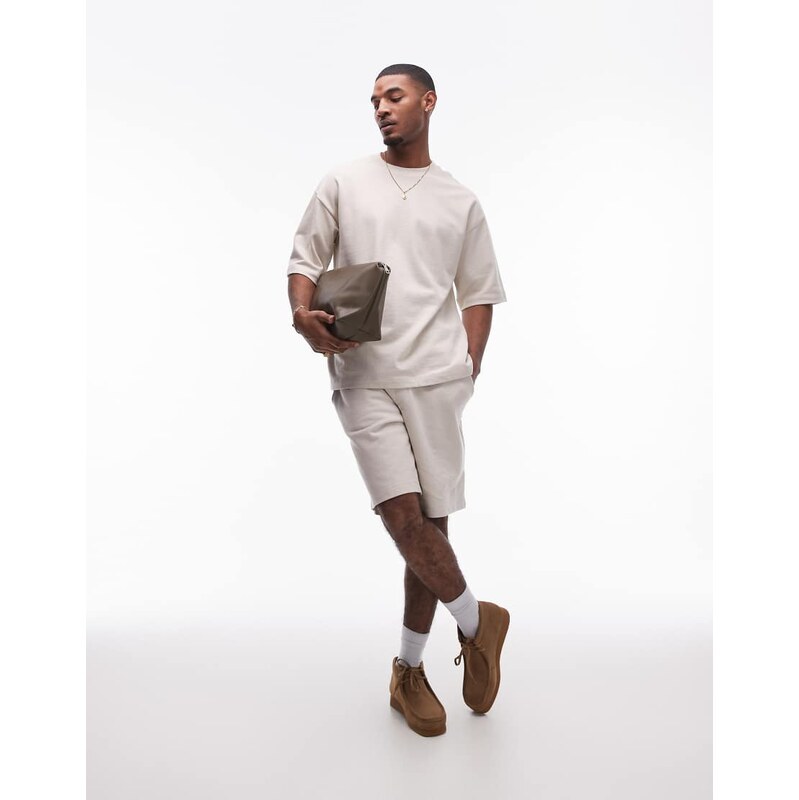 Topman oversized fit linen blend short in stone-Neutral
