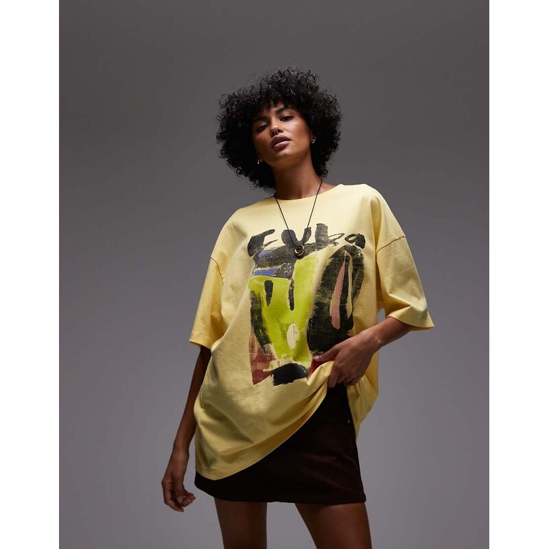 Topshop jersey graphic Cuba print oversized t-shirt in yellow 105309095