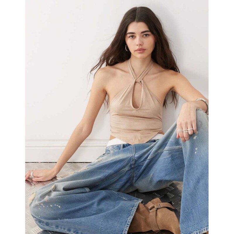 COLLUSION faux suede twist neck top in brown 105309114