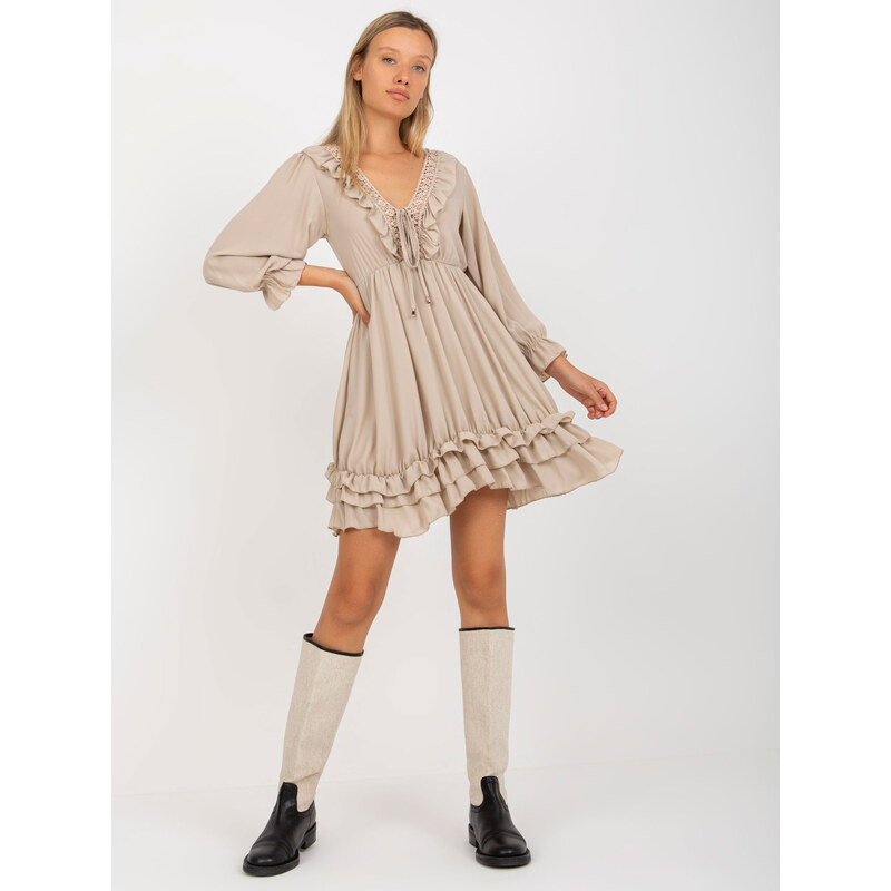 BASIC Béžové minišaty s volánem v boho stylu --beige Béžová 73738821