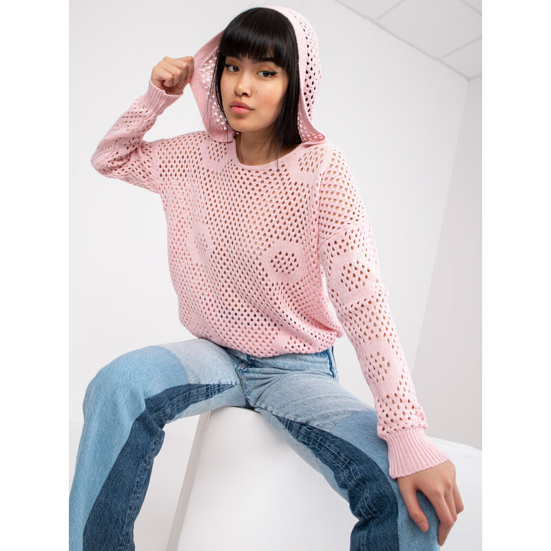 RUE PARIS Světle růžový háčkovaný svetr s kapucí --light pink Světle 76209741