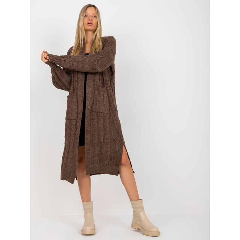 RUE PARIS Hnědý maxi kardigan s kapsami -brown Hnědá 85876460