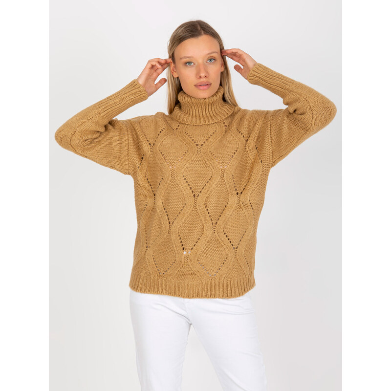 RUE PARIS Béžový oversized svetřík s rolákem -camel Béžová 85876463