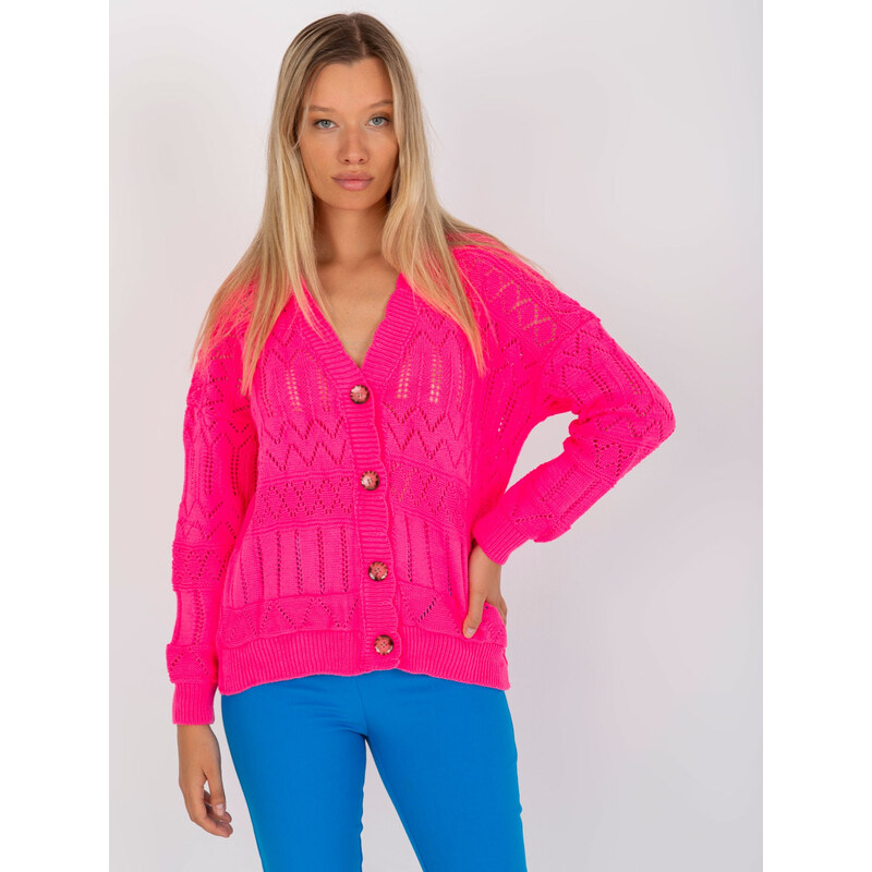 RUE PARIS Neonově růžový háčkovaný svetr na knoflíčky -fluo pink Tmavě 85876567