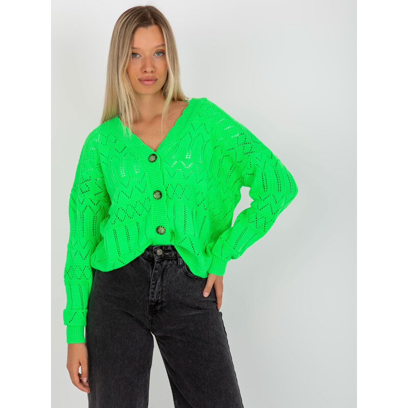 RUE PARIS Neonově zelený háčkovaný svetr na knoflíčky -fluo green 85876594