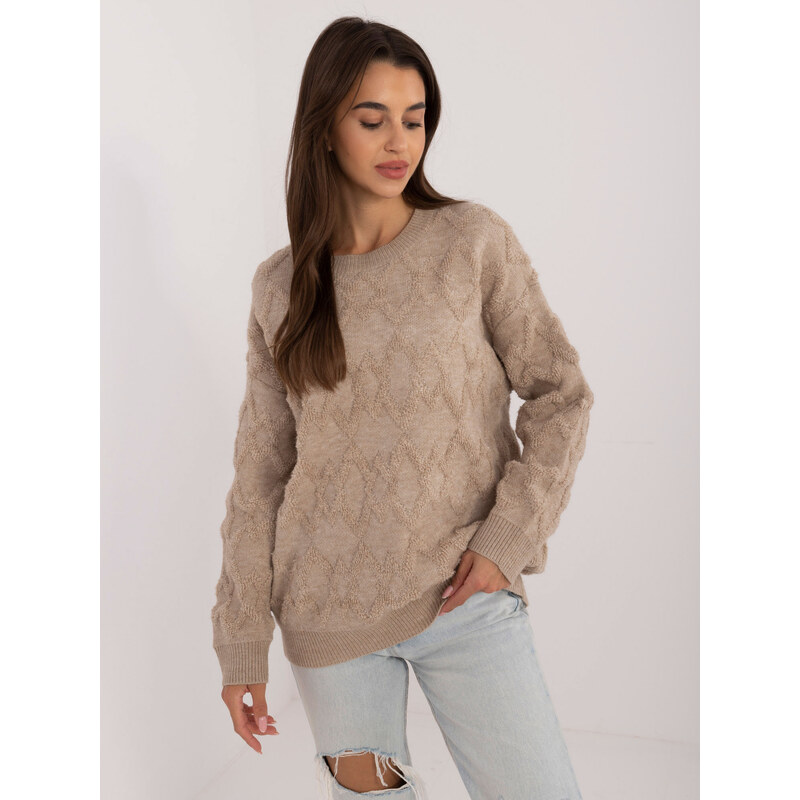 ITALY MODA Béžový dámský svetr s kulatým výstřihem -BEIGE Béžová