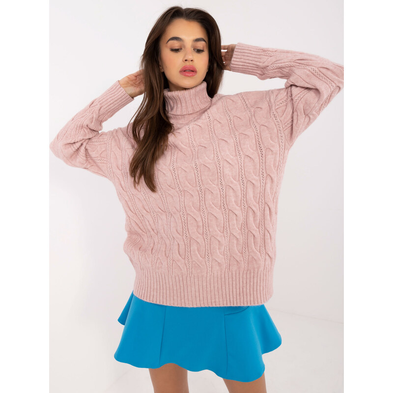 ITALY MODA Pudrový copánkový svetr s rolákem -powdery pink Pudrová 100037085