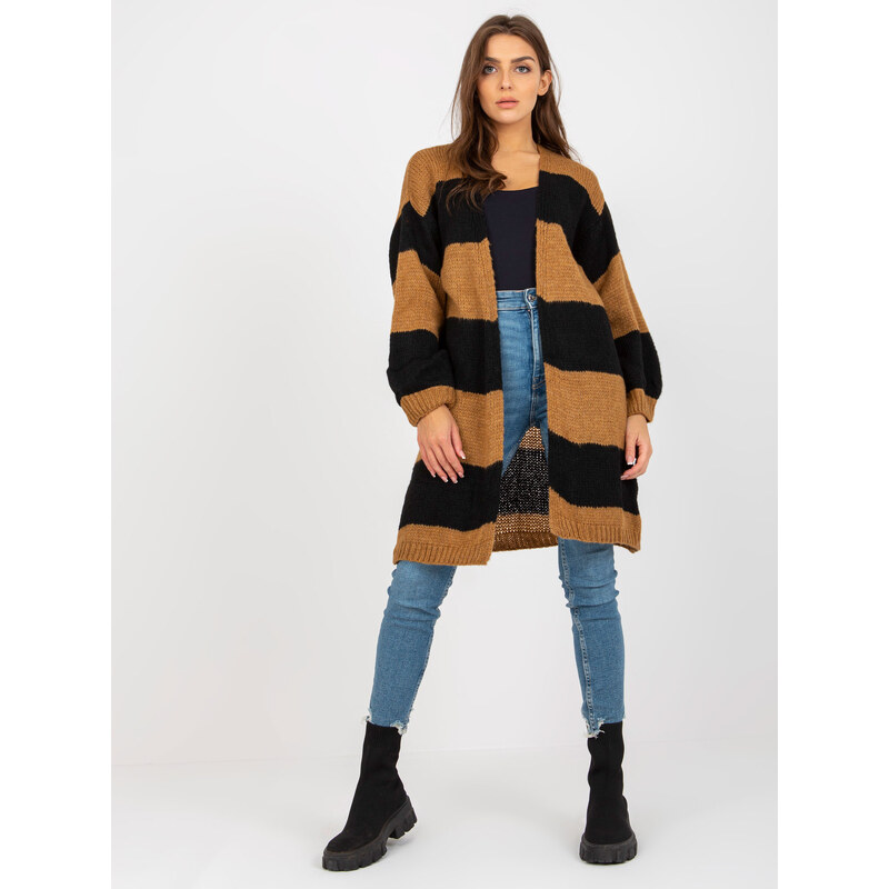 BASIC Delší volný pletený kardigan - hnědá-černá -brown-black