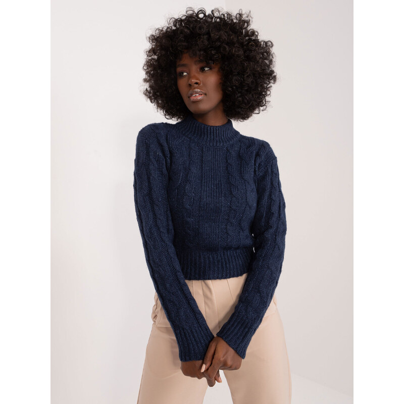BASIC Tmavě modrý svetr s copánkovým vzorem -dark blue Tmavě