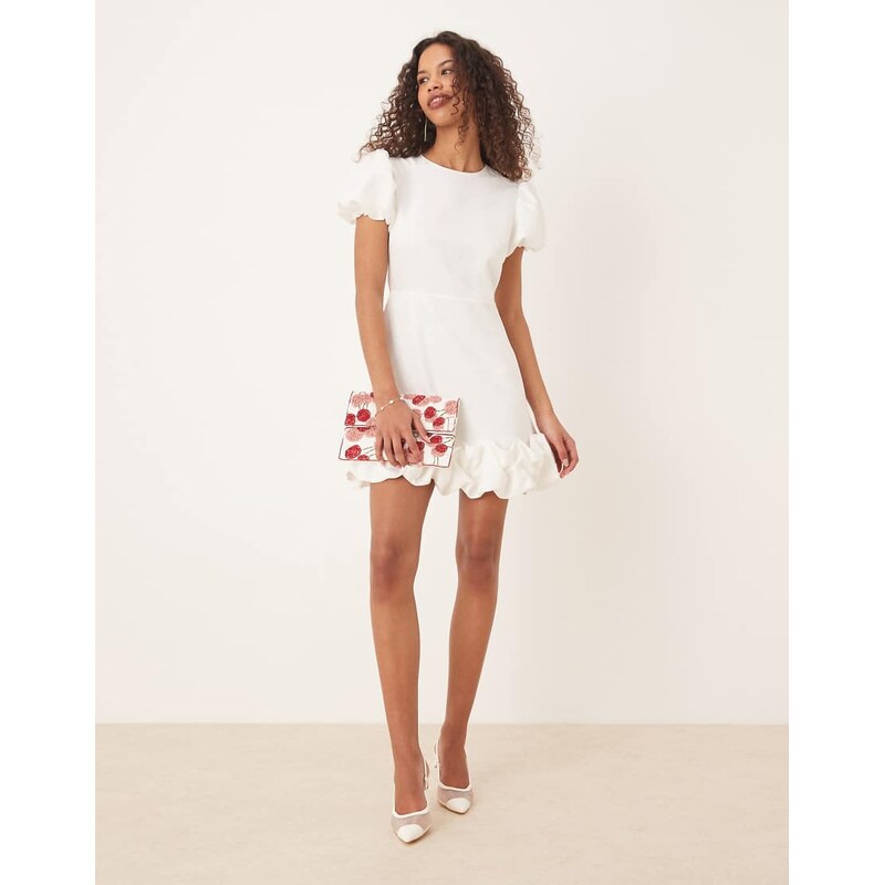 Sister Jane puff hem jacquard mini dress in ivory-White