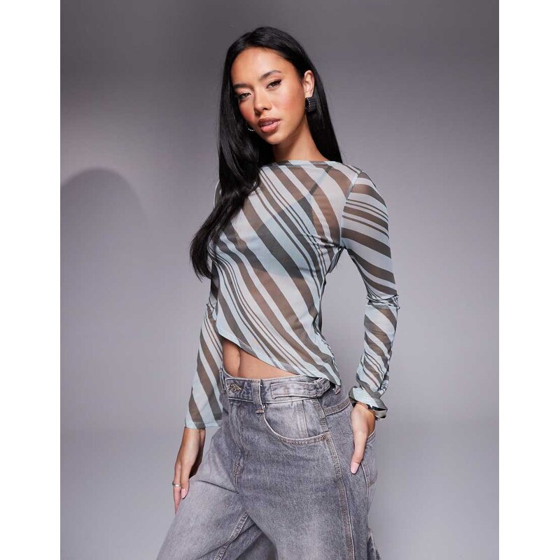 ASOS DESIGN mesh top with asymmetric hem in brown stripe 105325232