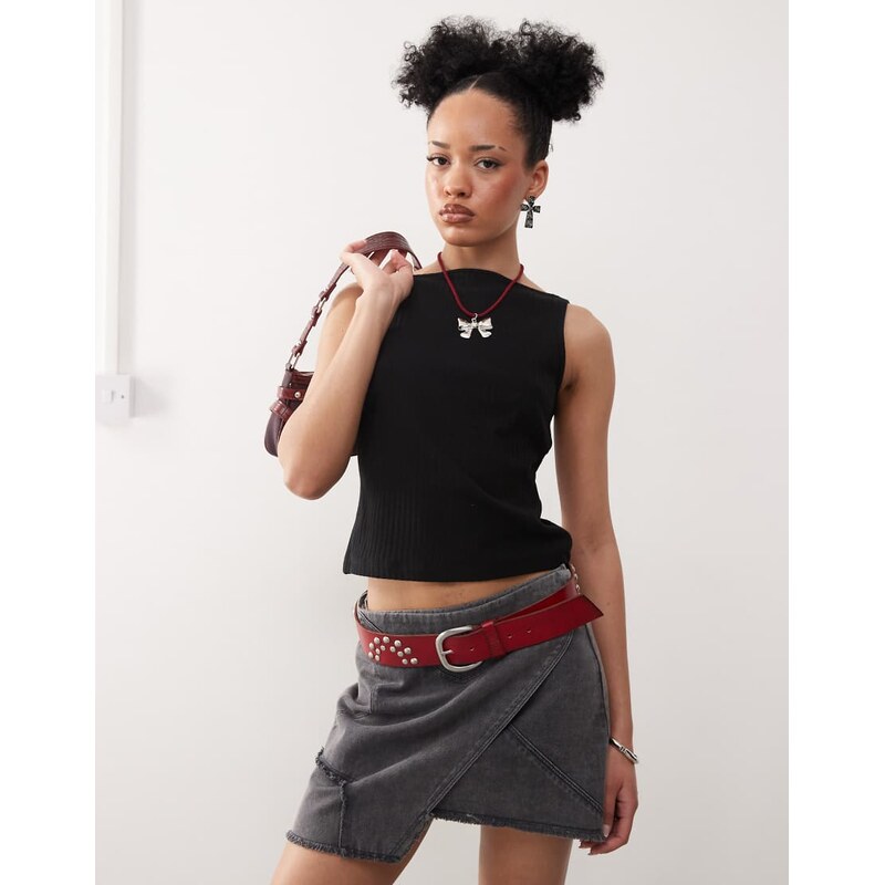 COLLUSION slash neck ribbed vest in black 105324681