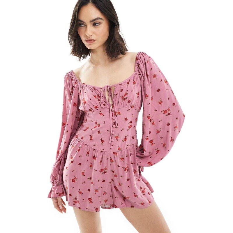 Miss Selfridge long sleeve playsuit in pink ditsy floral print-Multi 105491237