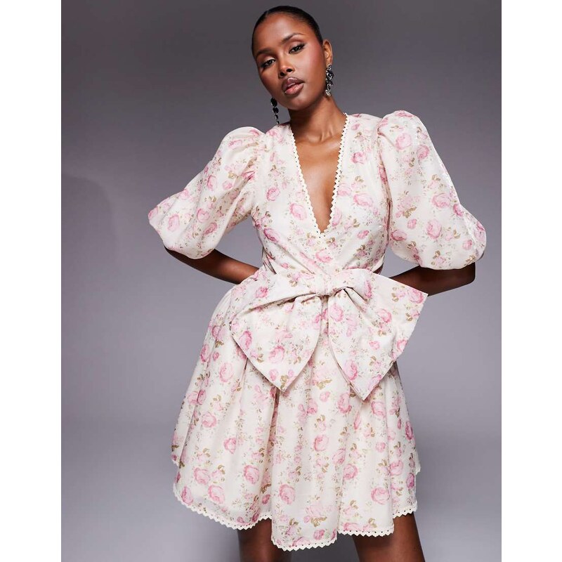 ASOS LUXE jacquard puff sleeve mini dress with bow detail in floral 105324702