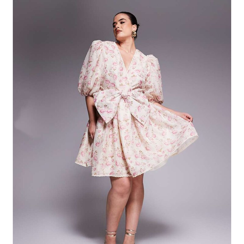 ASOS LUXE Curve jacquard puff sleeve mini dress with bow tie in